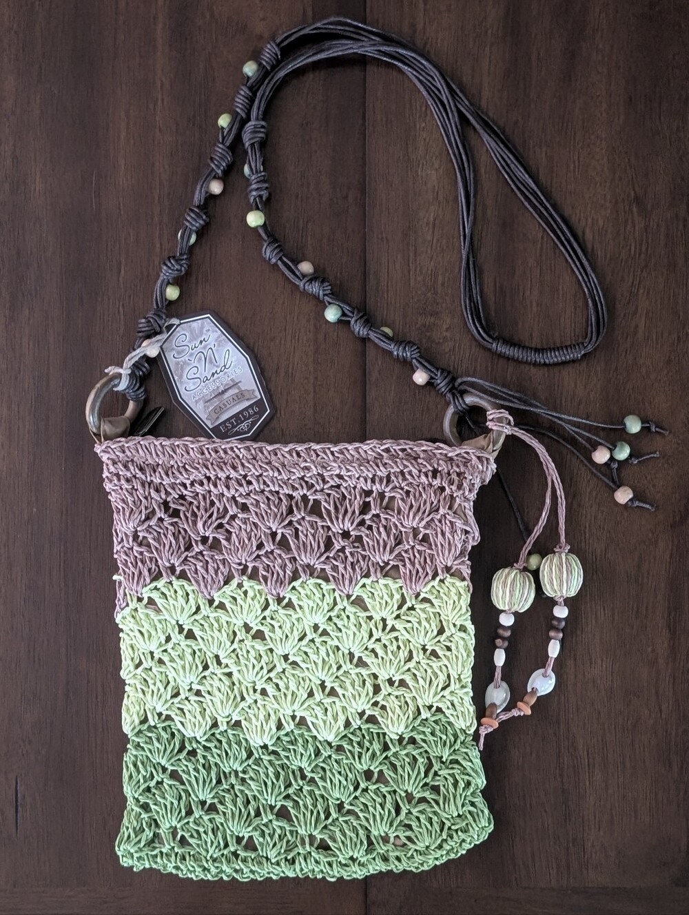 NWT Sun N' Sand Brown & Green Crochet Beaded Crossbody Bag